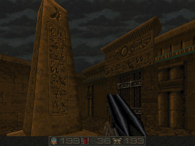 Chasm: The Rift (DOS) screenshot: An obelisk in the temple courtyard.