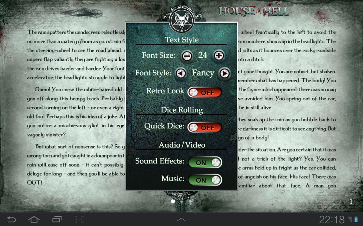 House of Hell (Android) screenshot: Options