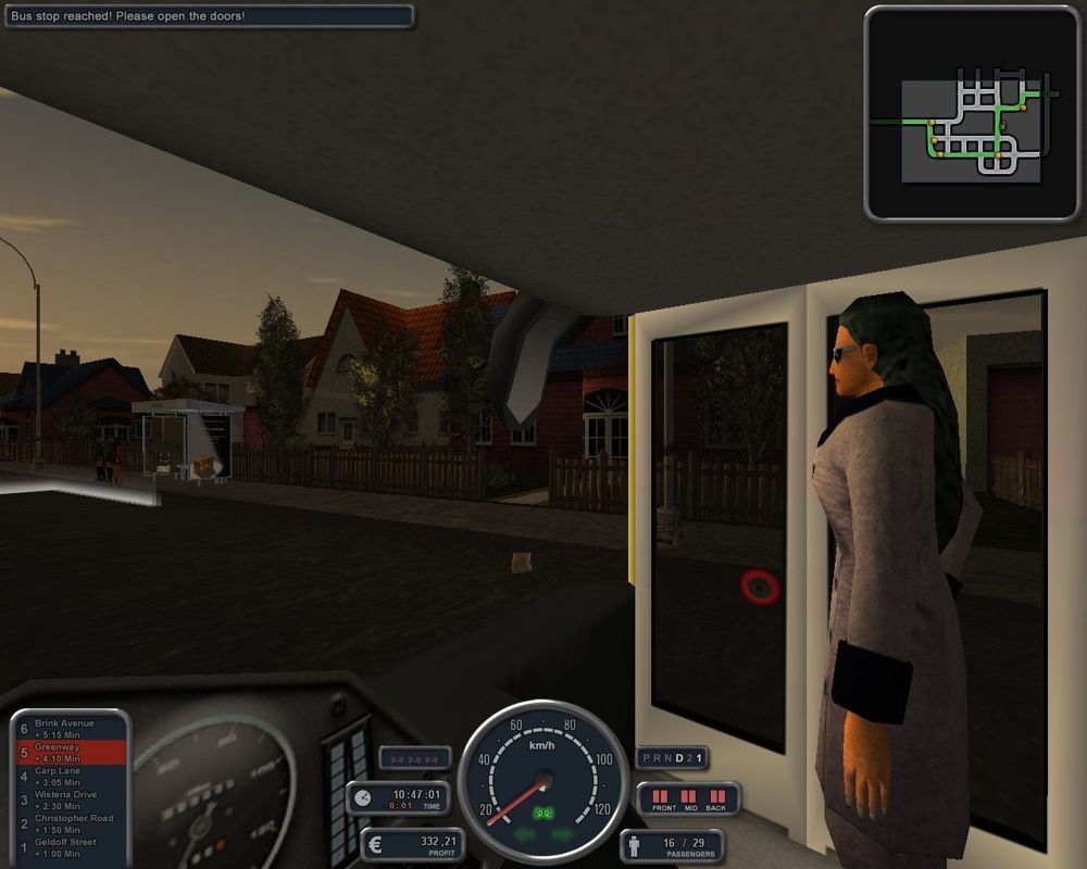Bus Simulator (Windows) screenshot: Cockpit view, with a passenger standing. Note the detailed and life-size dashboard and mirror.