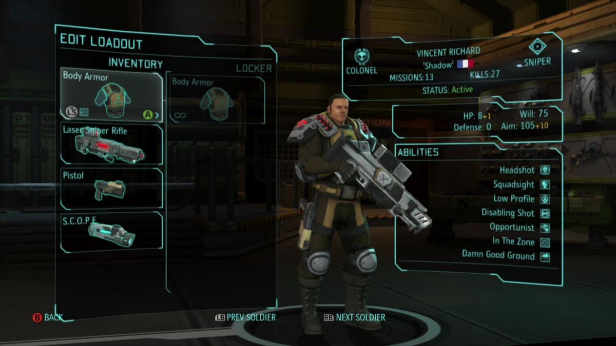 XCOM: Enemy Unknown (Xbox 360) screenshot: Equip your soldiers with better equipment in the loadout screen