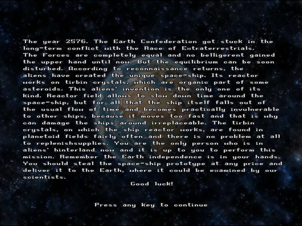 Back to Earth 2 (Windows) screenshot: Before the game starts the backstory is displayed.