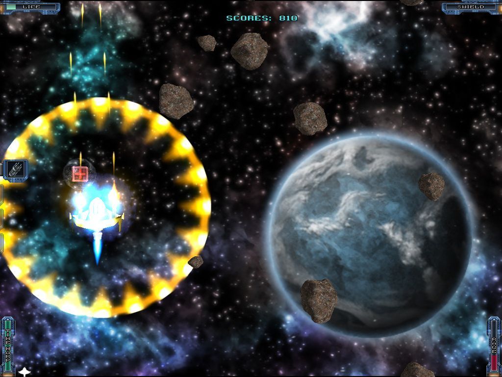 Back to Earth 2 (Windows) screenshot: There's a yellow power-up that triggers an explosion around the space ship which destroys all asteroids or alien craft that are nearby.