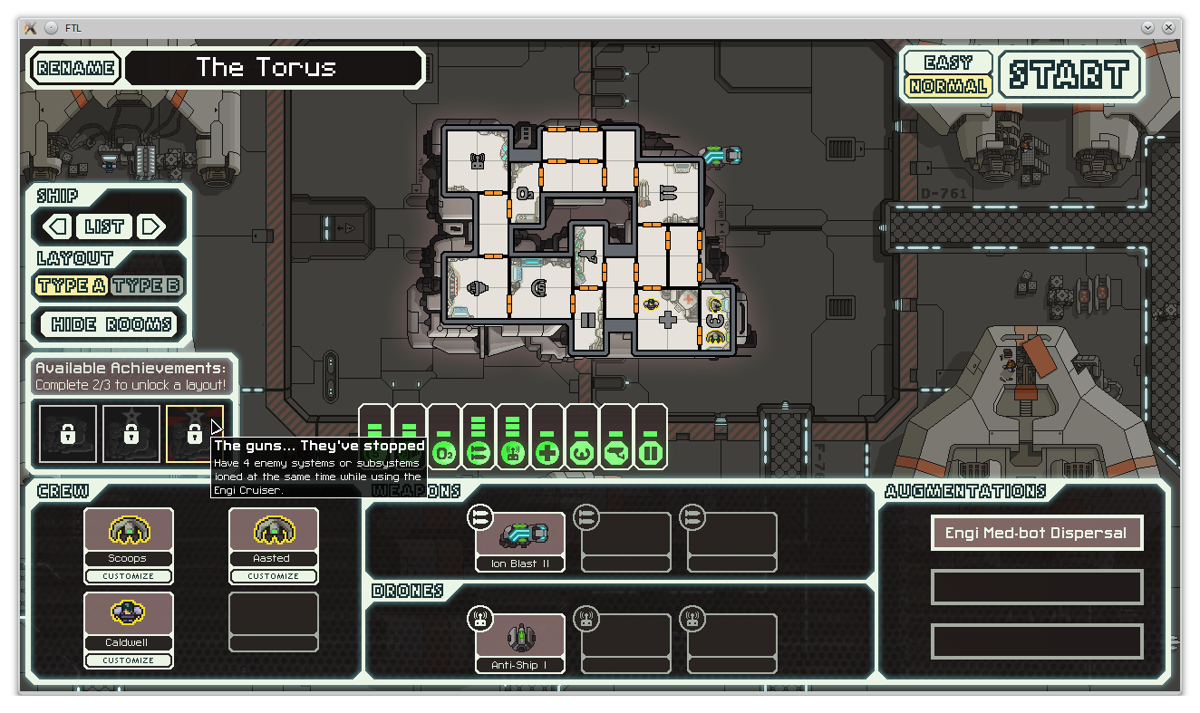 FTL: Faster Than Light (Linux) screenshot: Choosing a ship: we take the Torus. It has a drone!