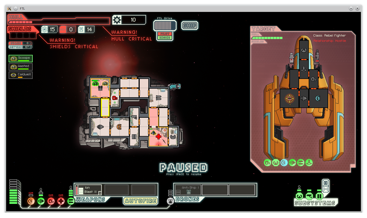 FTL: Faster Than Light (Linux) screenshot: First encounter. And serious problems.