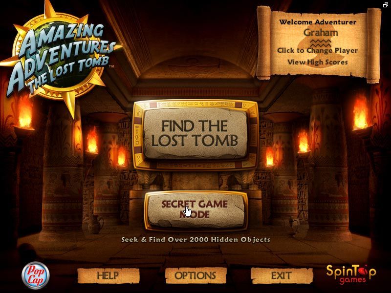 Amazing Adventures: The Lost Tomb (Windows) screenshot: The main menu in English with the Secret Mode unlocked The title screen is the same in both English and German versions.