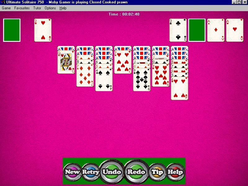 Ultimate Solitaire 750 (Windows) screenshot: The menu bar at the bottom of the screen is hidden until the mouse cursor runs over it