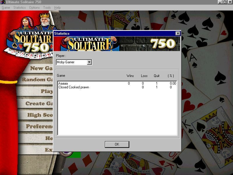Ultimate Solitaire 750 (Windows) screenshot: The game statistics screen