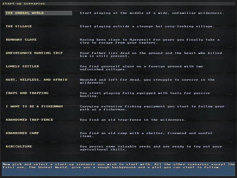 UnReal World (Windows) screenshot: Selecting a scenario.