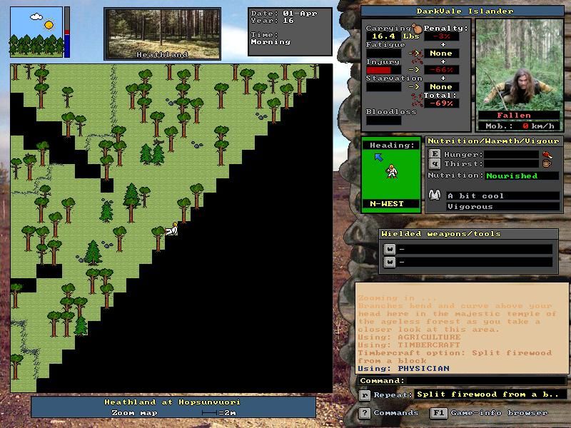 UnReal World (Windows) screenshot: Game start. Line of sight is in effect and local automapping is in effect.
