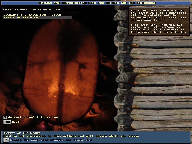 UnReal World (Windows) screenshot: Character creation (custom) - Information regarding rituals when creating a new character.