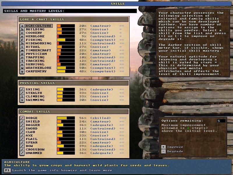 UnReal World (Windows) screenshot: Character creation (custom) - Distribute skills and mastery levels.