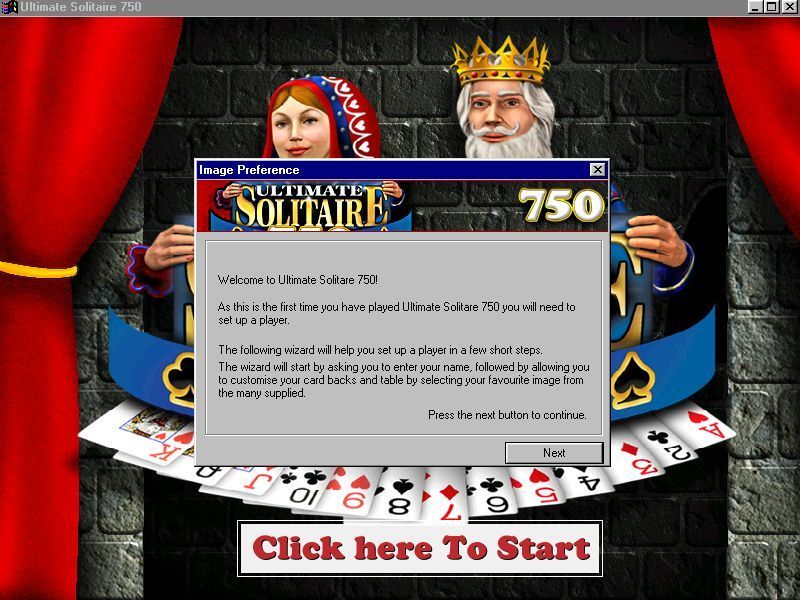 Ultimate Solitaire 750 (Windows) screenshot: The first time the game is played a wizard prompts for the player's name, the kind of background they'd like and the card back they'd prefer