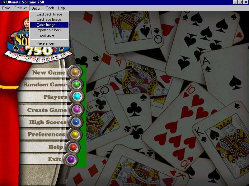 Ultimate Solitaire 750 (Windows) screenshot: The game's main menu. All the initial setup options are available via the menu bar should the player want a change later on