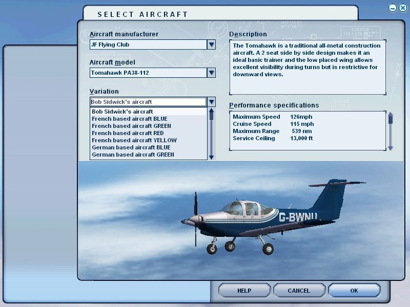 Flying Club (Windows) screenshot: The new aircraft are grouped together under the manufacturer 'JF Flying Club'. They come in a choice of colours and national registrations.