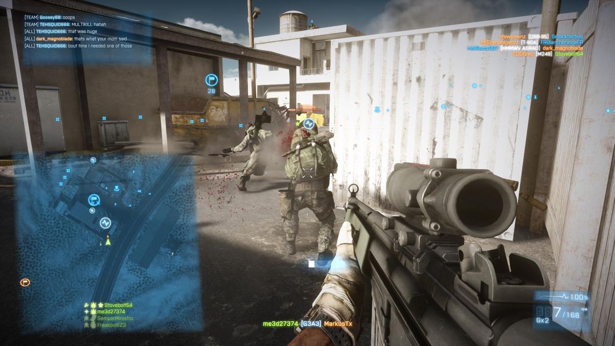 Battlefield 3: End Game (Windows) screenshot: Catching two enemy from behind them sneaking in to take our checkpoint