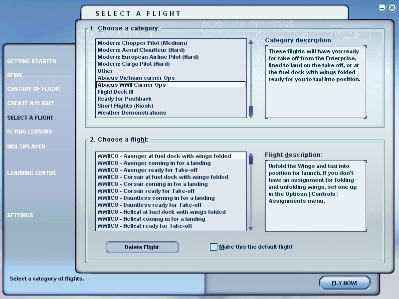 WWII Carrier Ops (Windows) screenshot: All the pre-saved flights are grouped under the heading "Abacus WWII Carrier Ops"Flight Simulator 2004