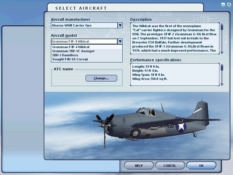 WWII Carrier Ops (Windows) screenshot: All the planes are grouped under the manufacturer "Abacus WWII Carrier Ops"Flight Simulator 2004