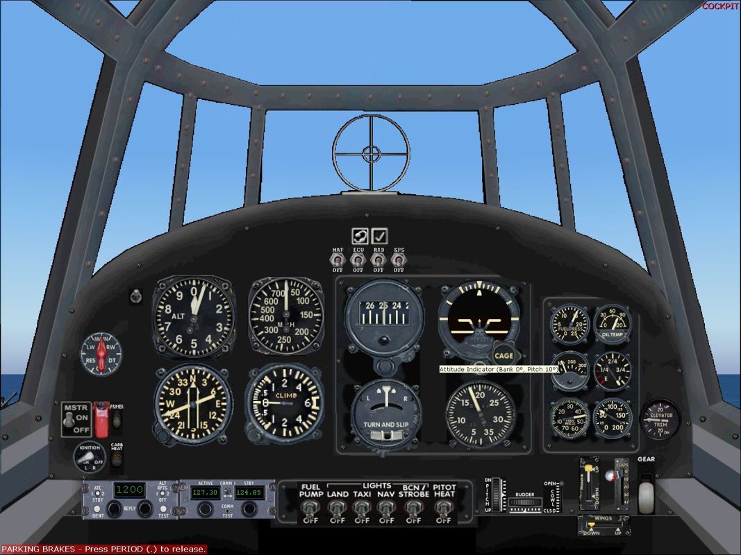 WWII Carrier Ops (Windows) screenshot: The Grumman TBF-1C Avenger instrument panel. Flight Simulator 2004