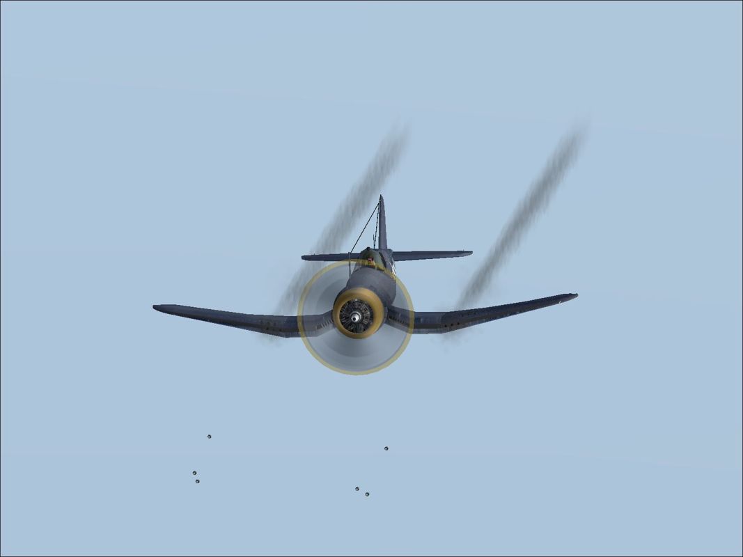 WWII Carrier Ops (Windows) screenshot: The Vought F4U-1A Corsair in flight and demonstrating the weapons effects.Flight Simulator 2004