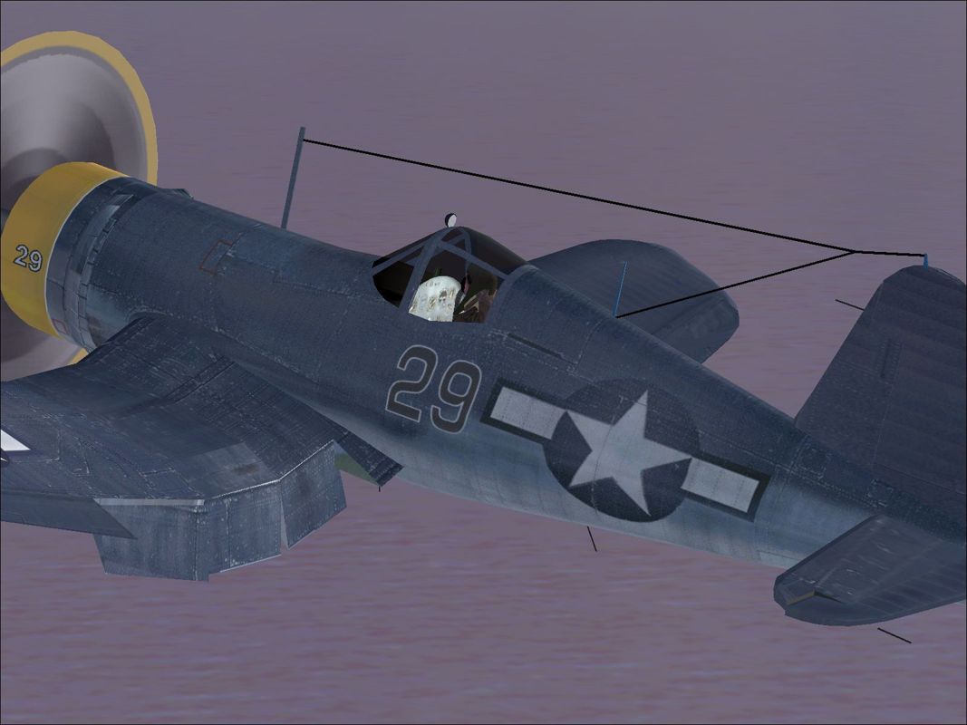 WWII Carrier Ops (Windows) screenshot: The Vought F4U-1A Corsair in flight showing the flaps down for landing.Flight Simulator 2004