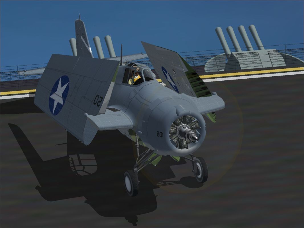 WWII Carrier Ops (Windows) screenshot: The Grumman F4F-4 Wildcat on deck with wings foldedFlight Simulator 2004