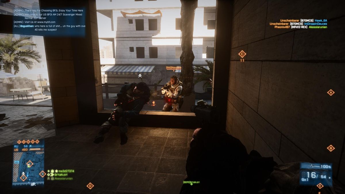 Battlefield 3: Aftermath (Windows) screenshot: As team mate spawns the attacker shoots him in the back as I take aim with my MP443
