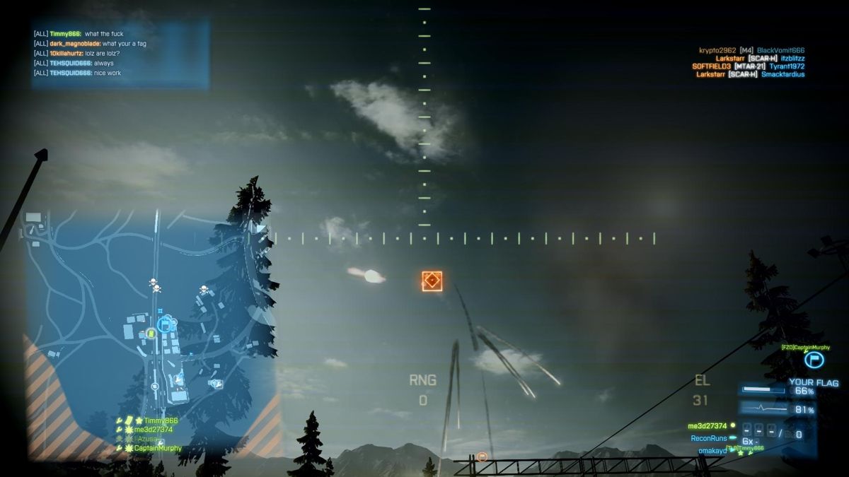 Battlefield 3: End Game (Windows) screenshot: SOFLAM laser lock on enemy chopper he pops flares but that won't decoy a Javelin shot