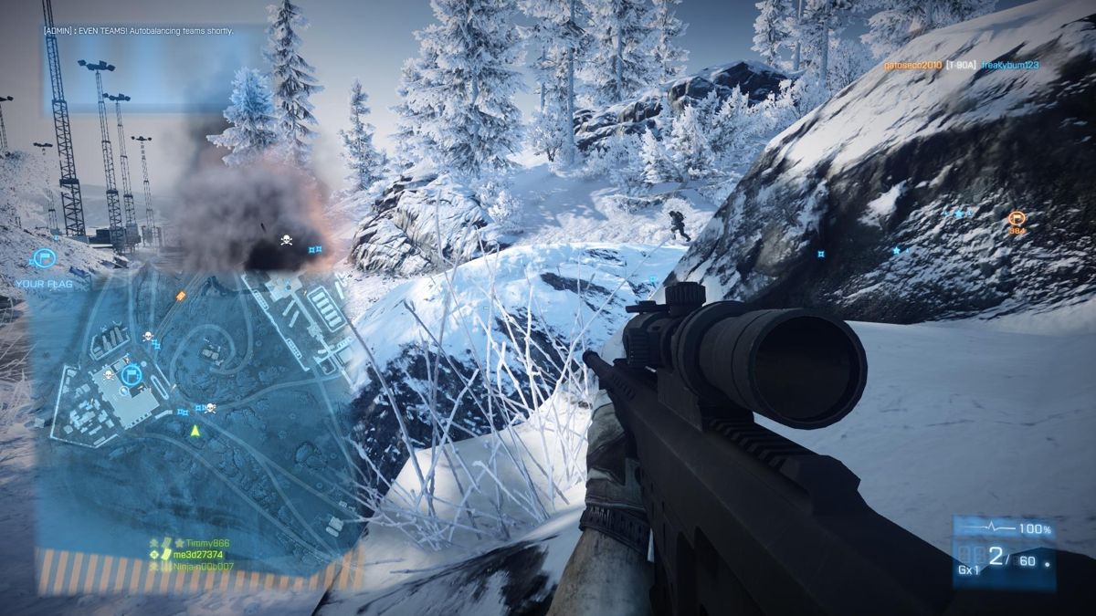Battlefield 3: End Game (Windows) screenshot: Sabalan Pipeline is winter landscape and if you don't change your Camo you really stick out like the guy running just above my scope