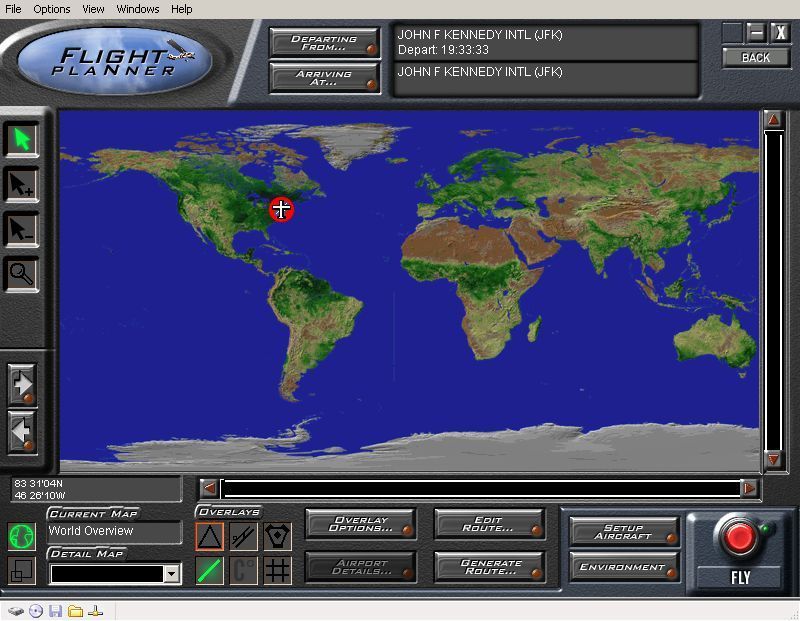 Fly! 2K (Windows) screenshot: The first of the flight planning screens. The start airport is New York's John F Kennedy.