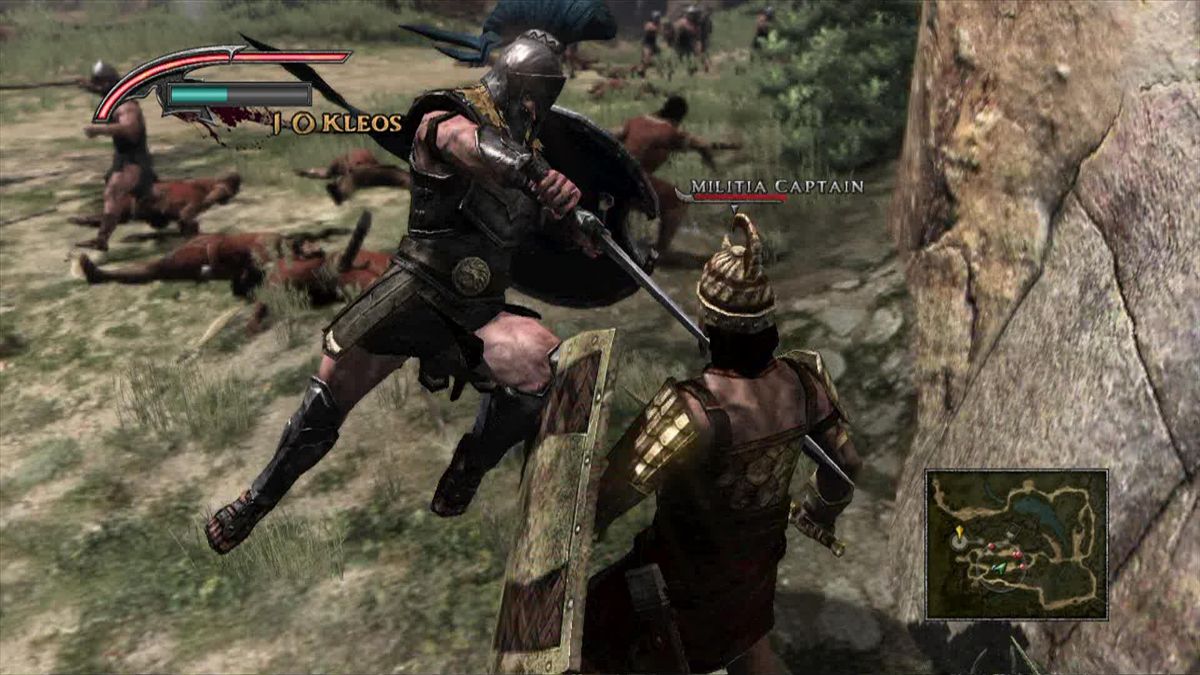 Warriors: Legends of Troy (Xbox 360) screenshot: Achilles jumps in for another spectacular finisher.