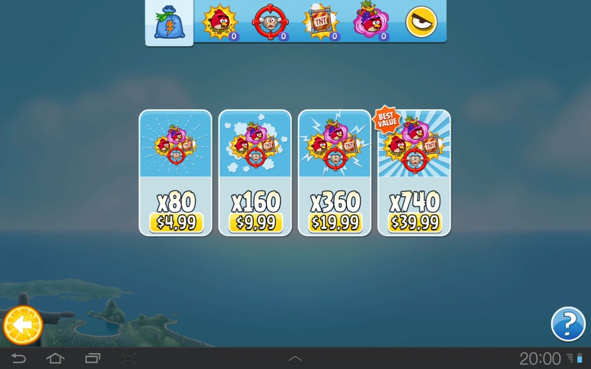 Angry Birds: Rio (Android) screenshot: Version 1.6.1. Power-up store.