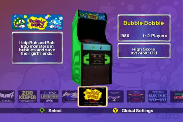 Taito Legends (Xbox) screenshot: Bubble Bobble cabinet view