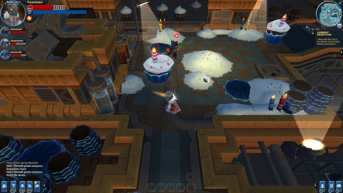 Spiral Knights (Windows) screenshot: Playing a mission during the Caketastrophe 2013 event.