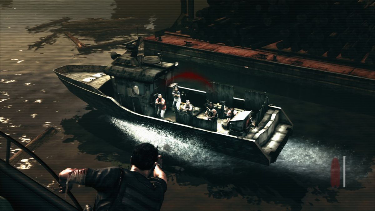 Max Payne 3 (PlayStation 3) screenshot: Max pulling some gutsy move from flying speedboat.