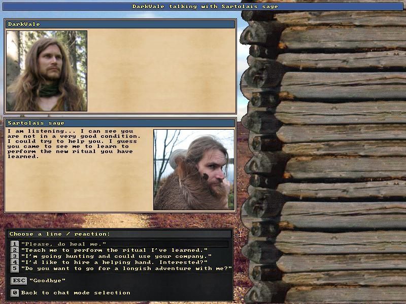 UnReal World (Windows) screenshot: During the game, the player may receive a "you feel united with the world" message, indicating that the player may learn new rituals. Rituals may be learned from shamans, often found in villages.