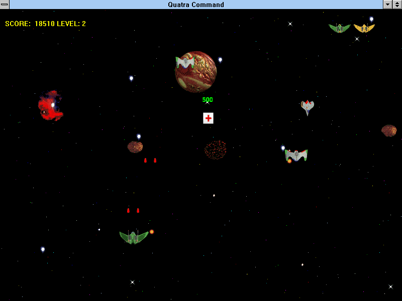 Quatra Command (Windows 3.x) screenshot: Collect the bonuses that fly towards the top of the screen