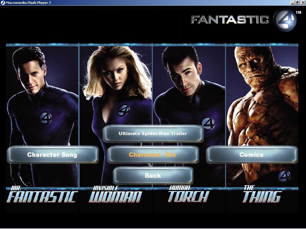 Fantastic 4 (Windows) screenshot: These are the extras that are supplied with the game. Bio gives a brief biography of each character, Song plays the character's theme tune, and Comics gives access to digitised comics