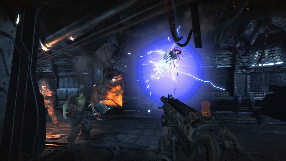 Bulletstorm (PlayStation 3) screenshot: Kick the enemy onto the electric wires to make an instant toast.