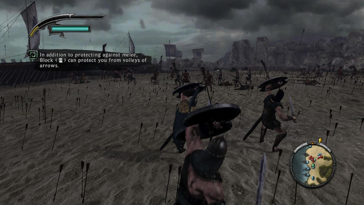 Warriors: Legends of Troy (Xbox 360) screenshot: Hold up your shield to block incoming arrows.