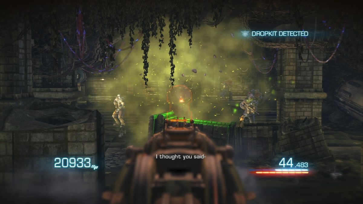 Bulletstorm (PlayStation 3) screenshot: Shoot the green plant to make the enemy turn on each other.