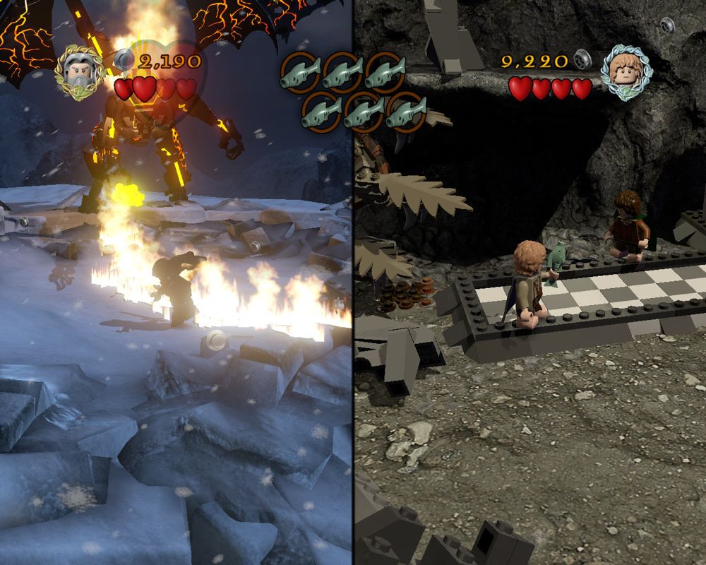 LEGO The Lord of the Rings (Windows) screenshot: Split-screen two-player gameplay. While Gandalf is fighting Balrog, Sam must collect fish