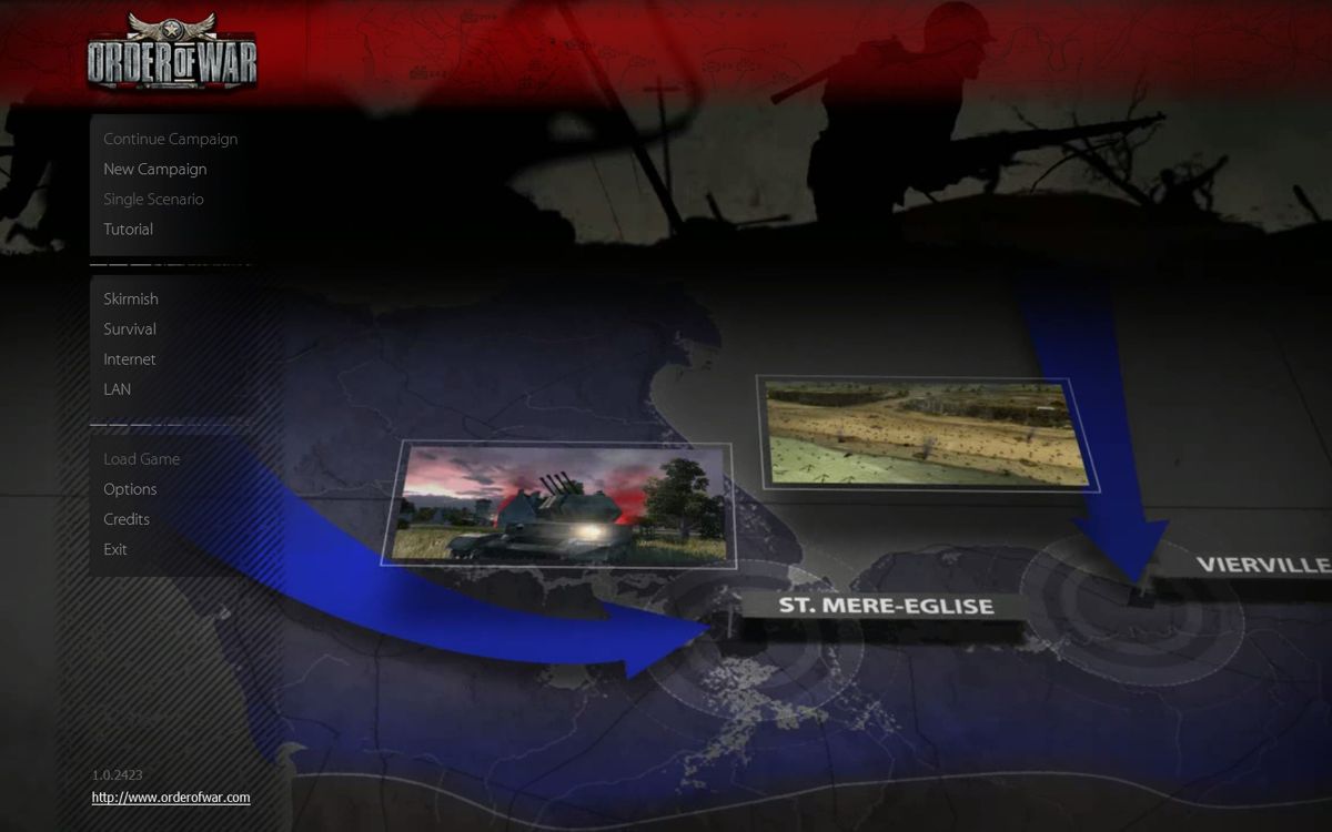 Order of War (Windows) screenshot: In the main menu, different locations are shown on the map
