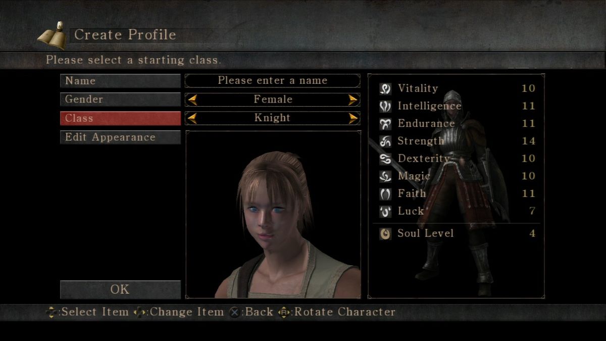 Demon's Souls (PlayStation 3) screenshot: Character generation screen.