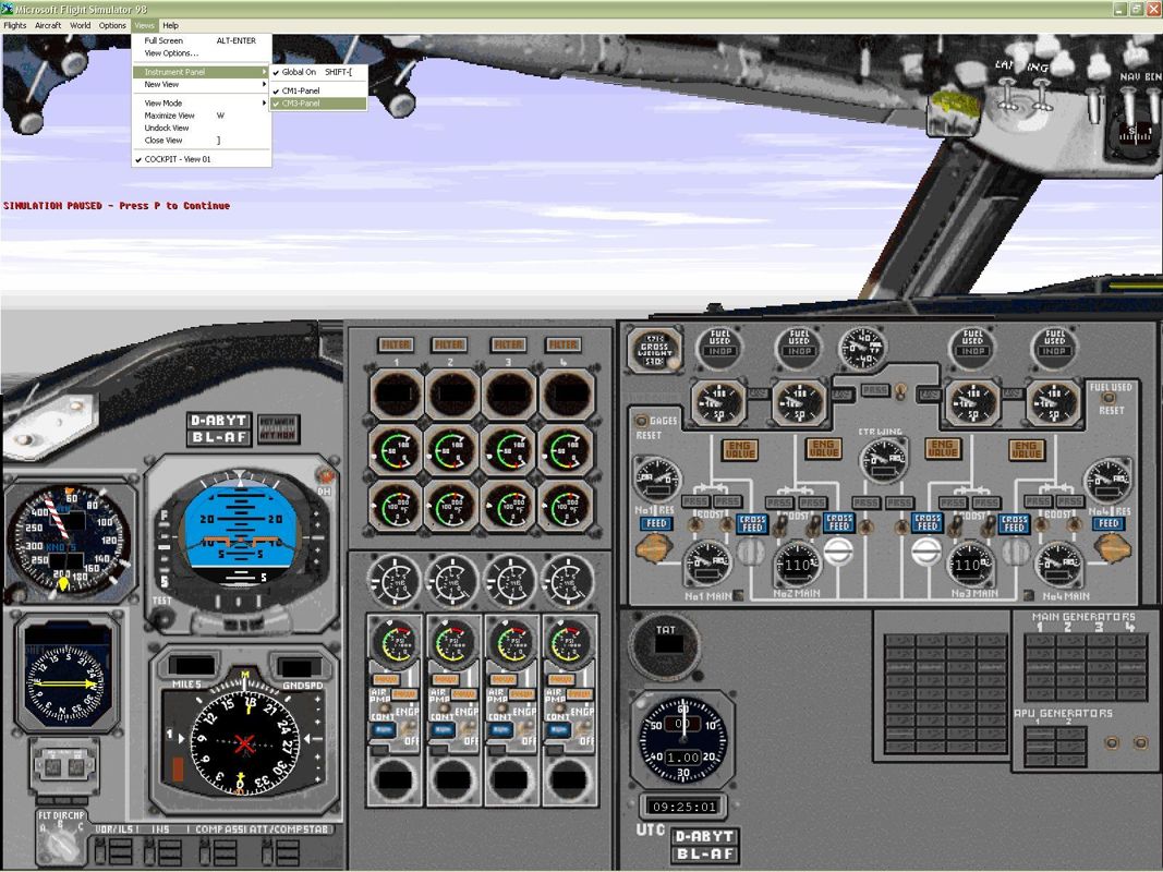 747 (Windows) screenshot: The Boeing 747-230 F cockpit showing the additional instrument panel Microsoft Flight Simulator 98