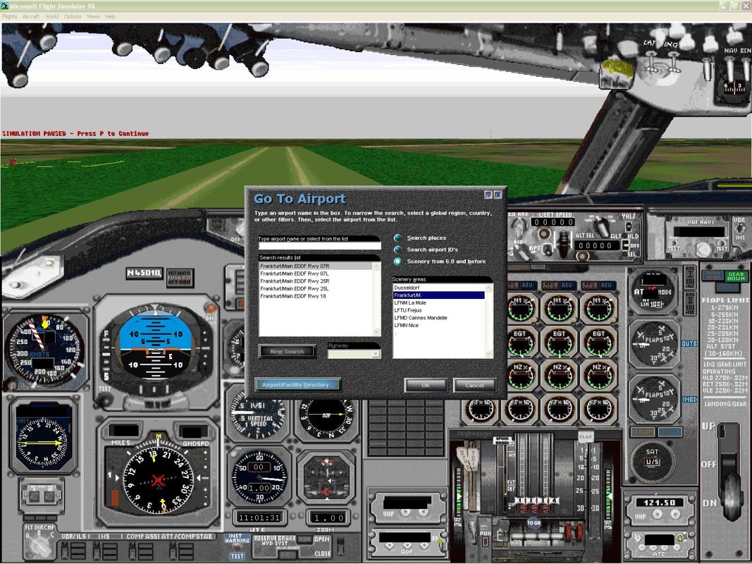 747 (Windows) screenshot: Once added the new scenery files are found under the "Scenery from 6.0 and before" section. Microsoft Flight Simulator 98