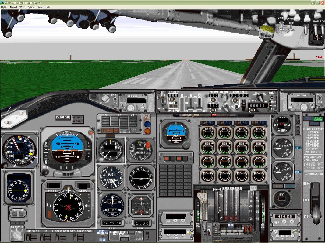 747 (Windows) screenshot: This is the view from the cockpit of the Boeing 747-23 while on the runway at Fort Worth International airport, Dallas USA. Microsoft Flight Simulator 98