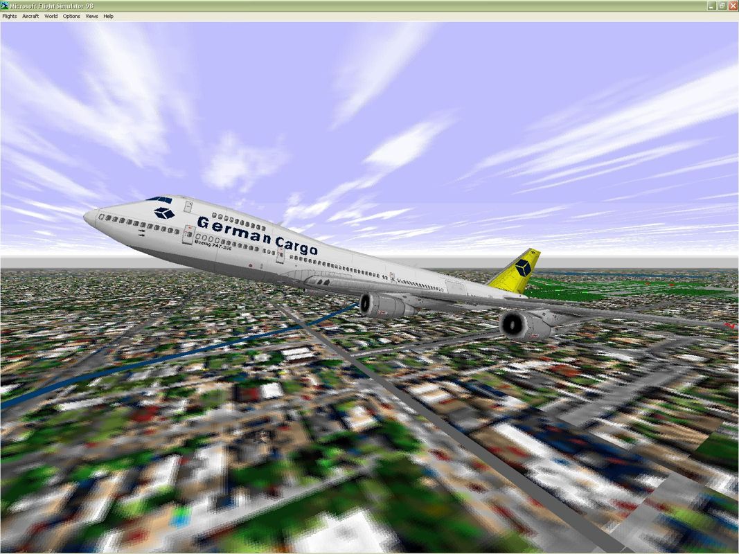 747 (Windows) screenshot: The Boeing 747-230 F in German Cargo livery Microsoft Flight Simulator 98