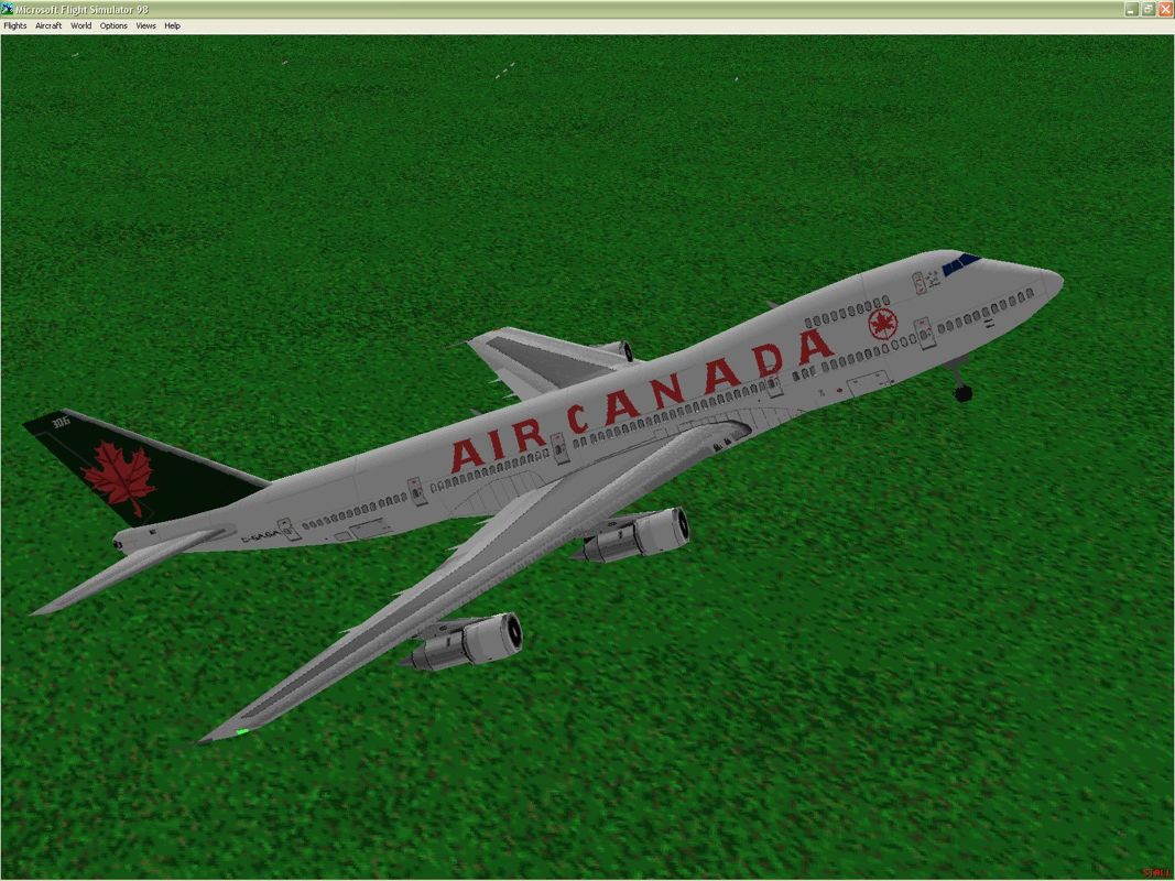 747 (Windows) screenshot: This is a Boeing 747-23 in Air Canada livery taking off from Fort Worth International airport, Dallas USA Microsoft Flight Simulator 98