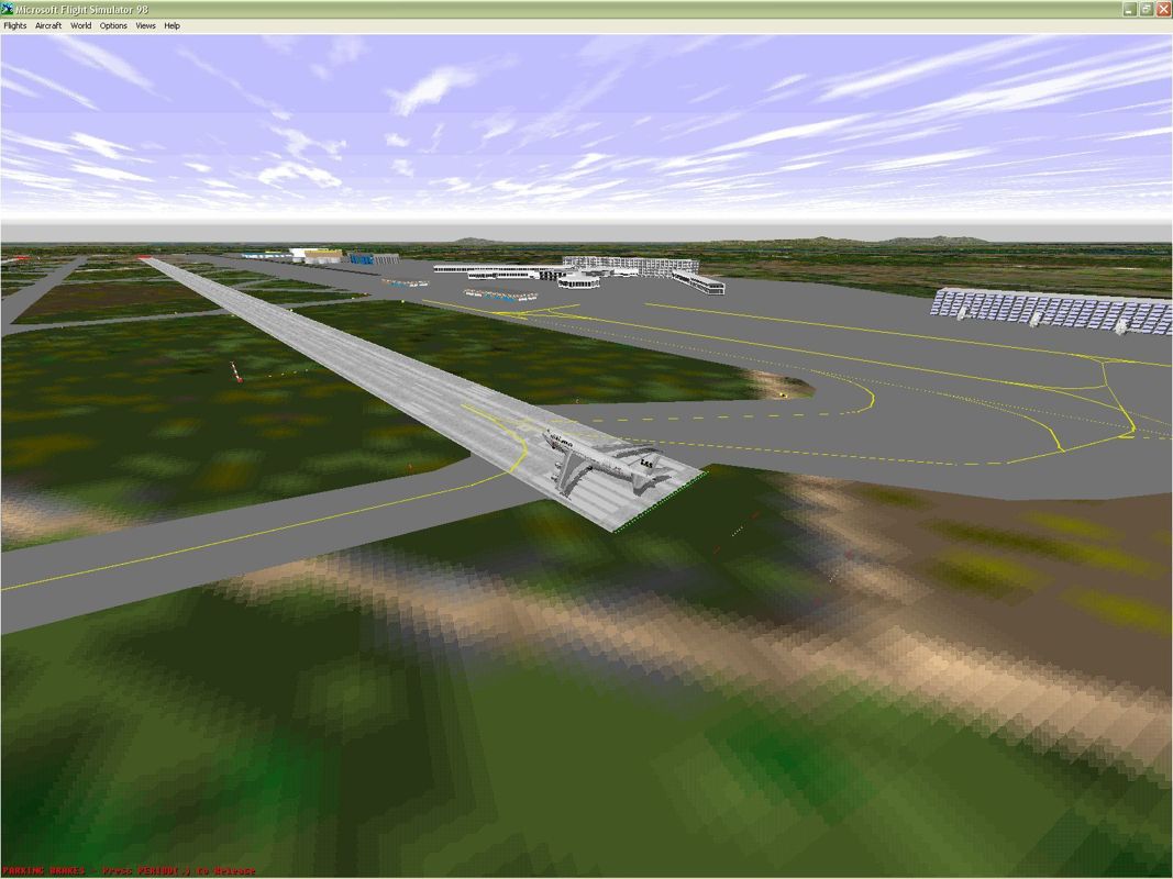 747 (Windows) screenshot: A Boeing 747 on the runway at Frankfurt airport using the new aircraft and the new airport Microsoft Flight Simulator 98