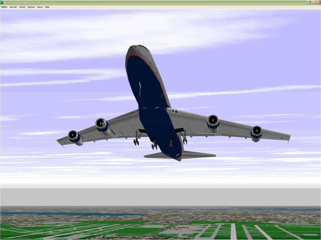 747 (Windows) screenshot: The Boeing 747-238 B in United Airlines livery. This shows that the wheels are just thin panels and are not 'solid' as in modern simulators. Microsoft Flight Simulator 98